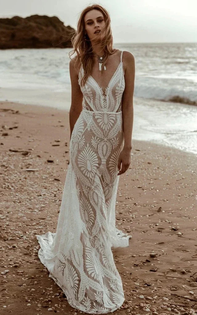 Trasy | Beach Floral Mermaid Plunging Boho Lace Wedding Dress with Sweep Train