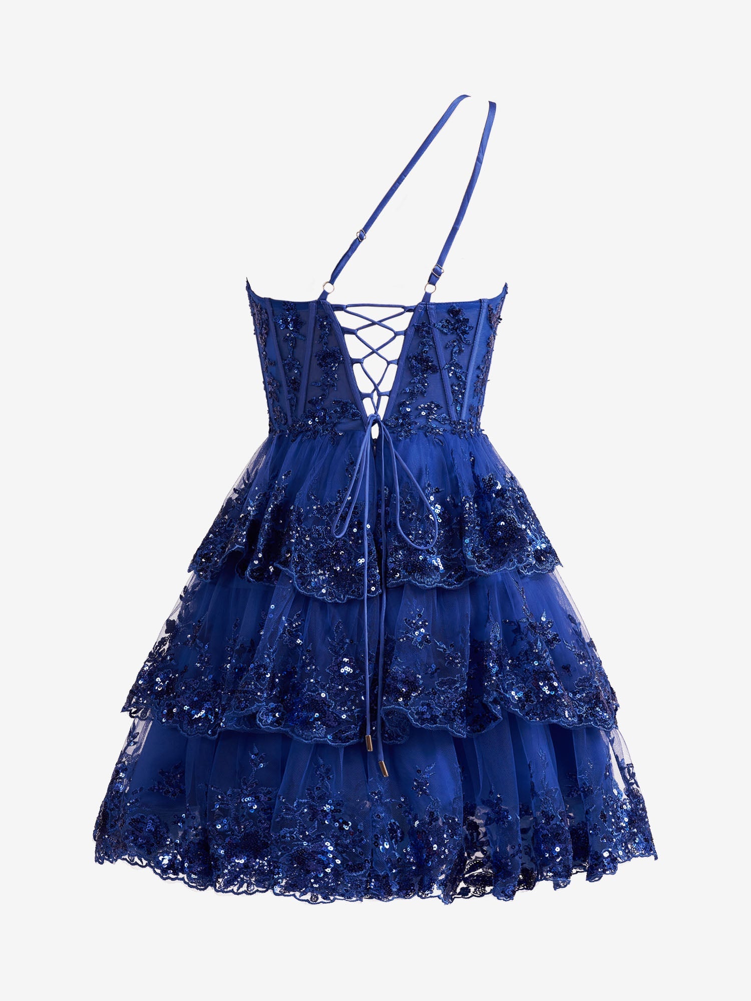 Emma | A Line One Shoulder Navy Tiered Lace Short Homecoming Dress