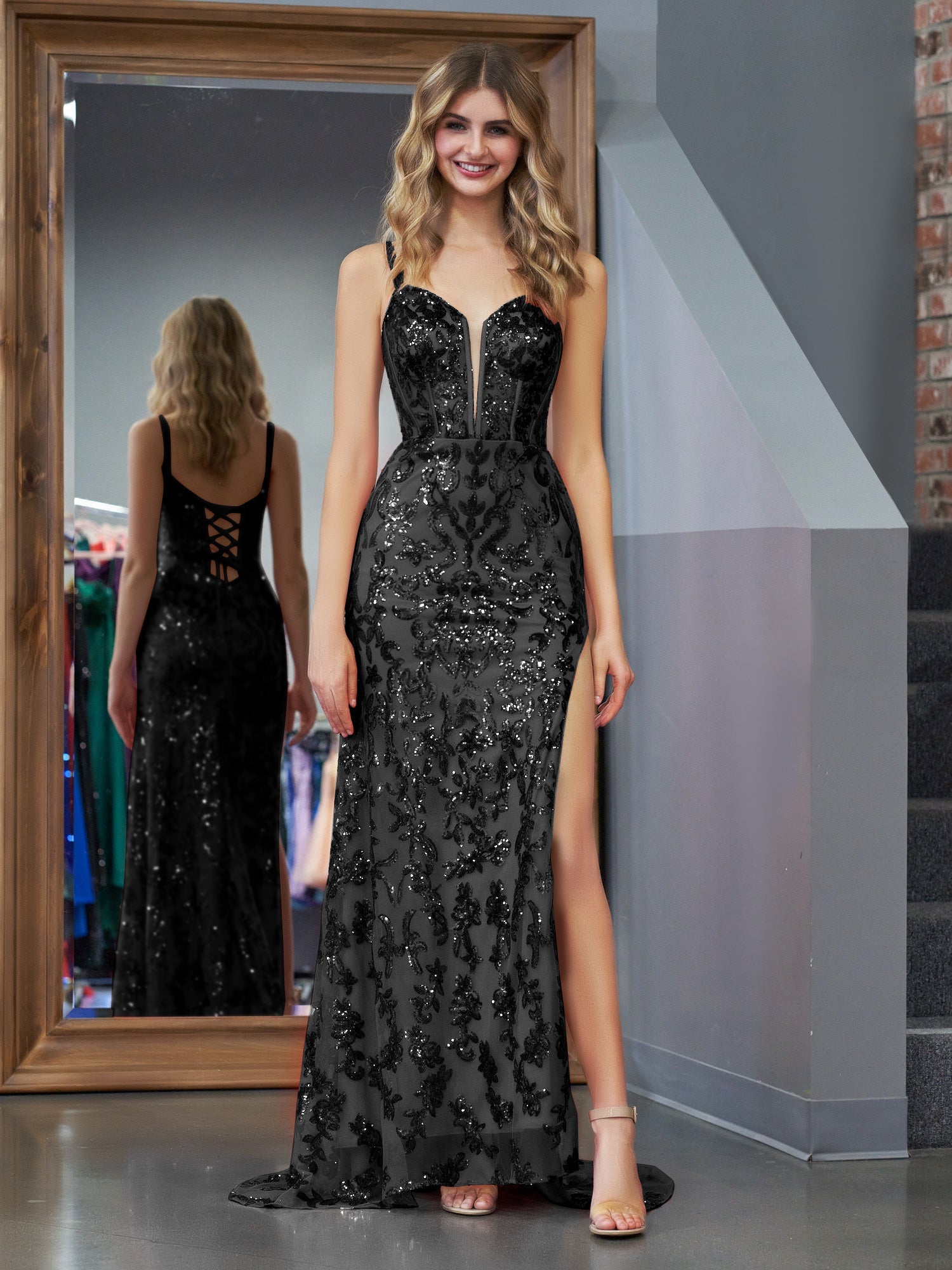 Erryn | Black Sheath Sequins Long Prom Dress with Slit