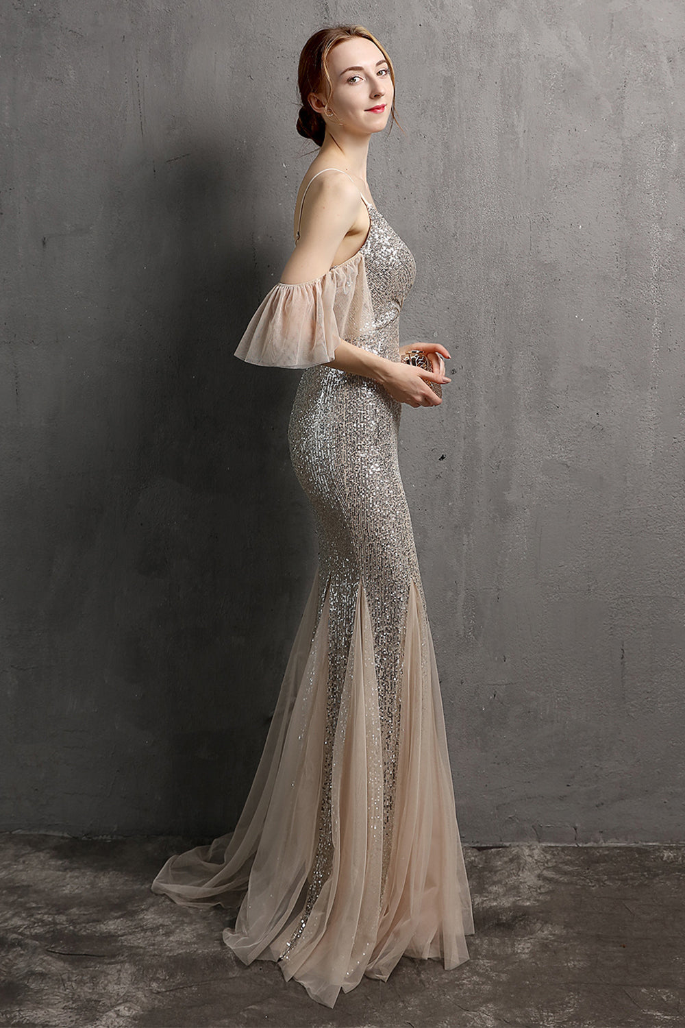 Champagne Sequin Long Prom Dress with Ruffles