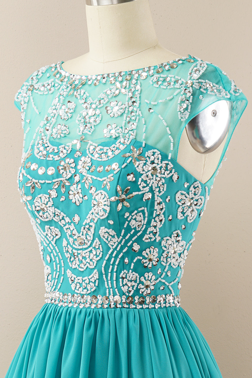 Turquoise Beaded Sleeveless Homecoming Dress