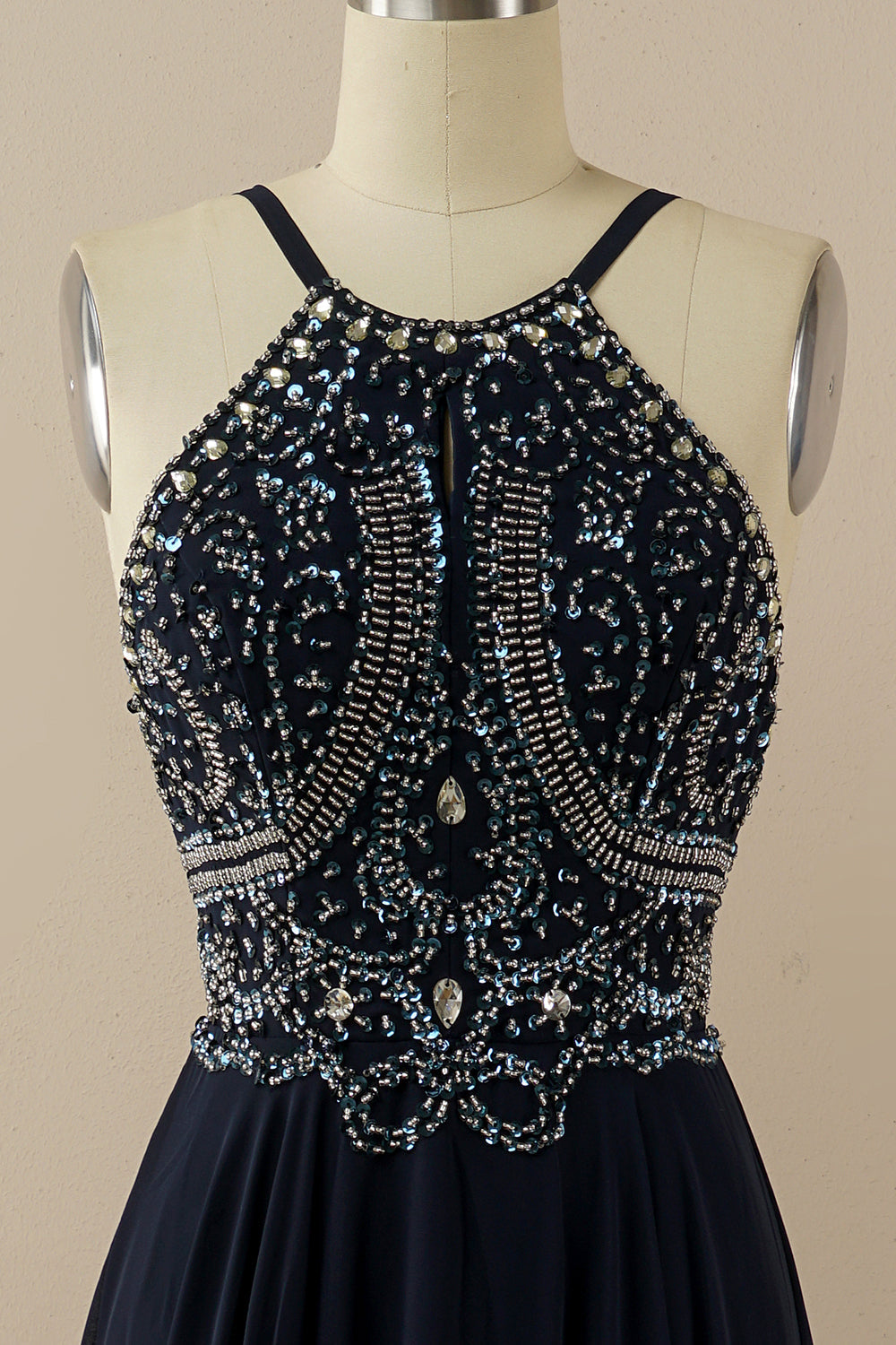 Halter Beaded Backless Prom Dress