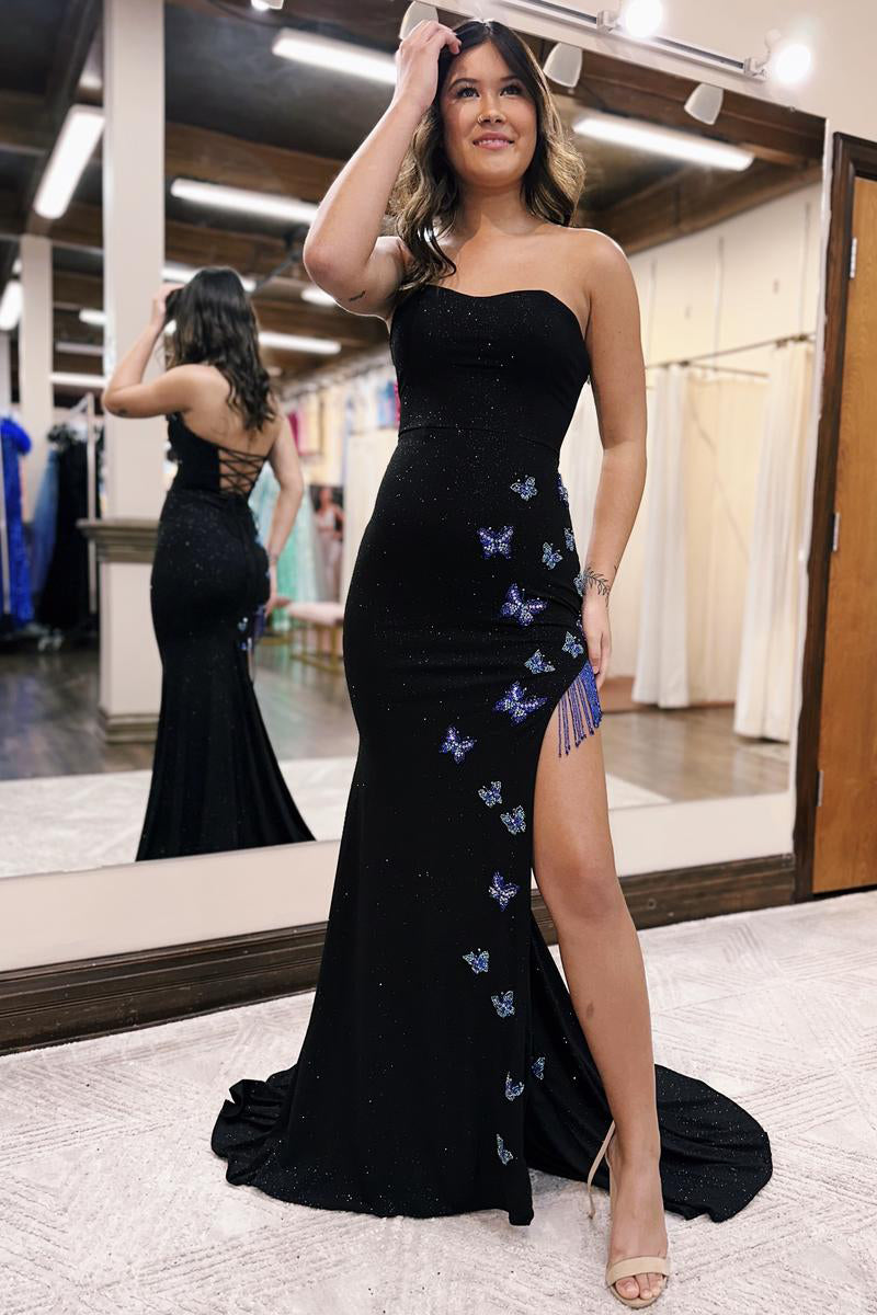 Maren |Mermaid Strapless Glitter Prom Dress with Fringes