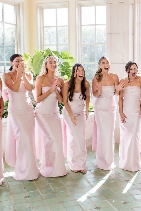 Geneal | Strapless Pink Scoop Pleated Satin Long Bridesmaid Dress With Big Bow