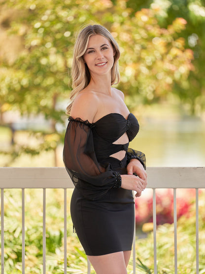 Gregorita | Black Off-the-Shoulder Keyhole Short Homecoming Dress with Balloon Sleeves