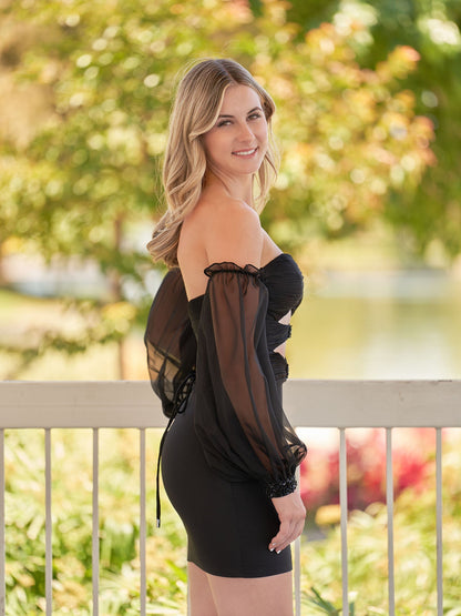 Gregorita | Black Off-the-Shoulder Keyhole Short Homecoming Dress with Balloon Sleeves