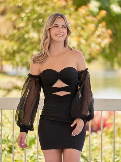 Gregorita | Black Off-the-Shoulder Keyhole Short Homecoming Dress with Balloon Sleeves