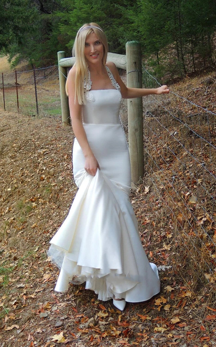 Halter Neck Mermaid Sleeveless Satin Simple White Wedding Dress