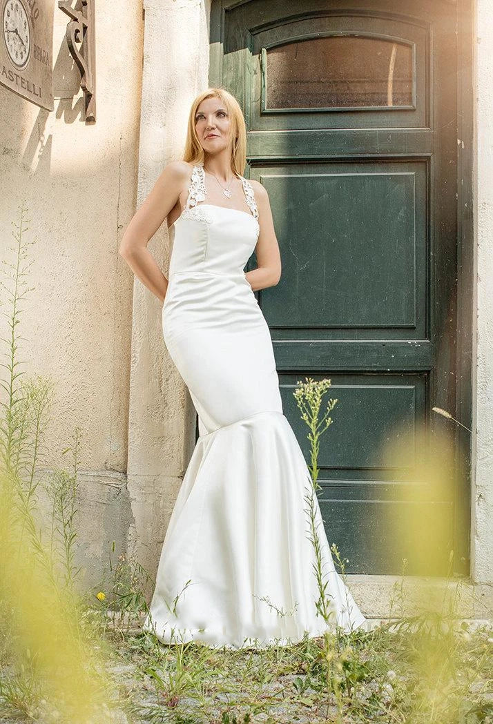 Halter Neck Mermaid Sleeveless Satin Simple White Wedding Dress