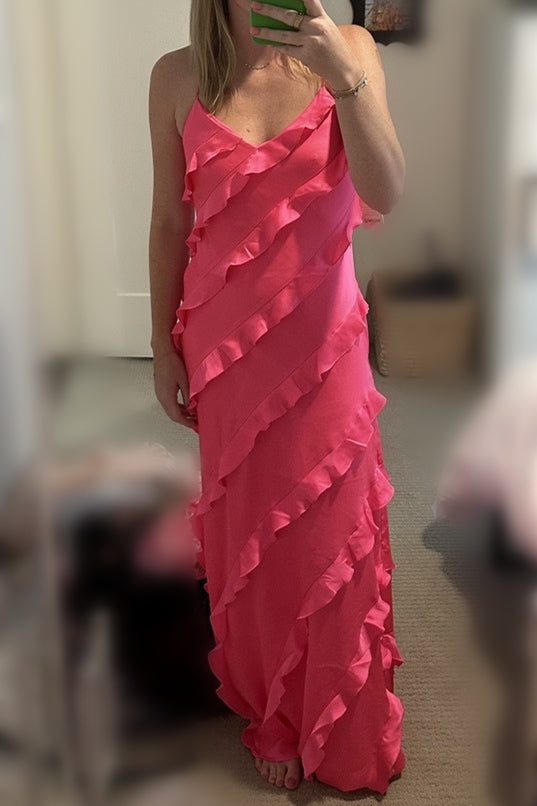 Straps Sheath Champagne Ruffle Maxi Bridesmaid Dress