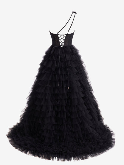 Kinsley | A Line One Shoulder Tiered Long Prom Dress