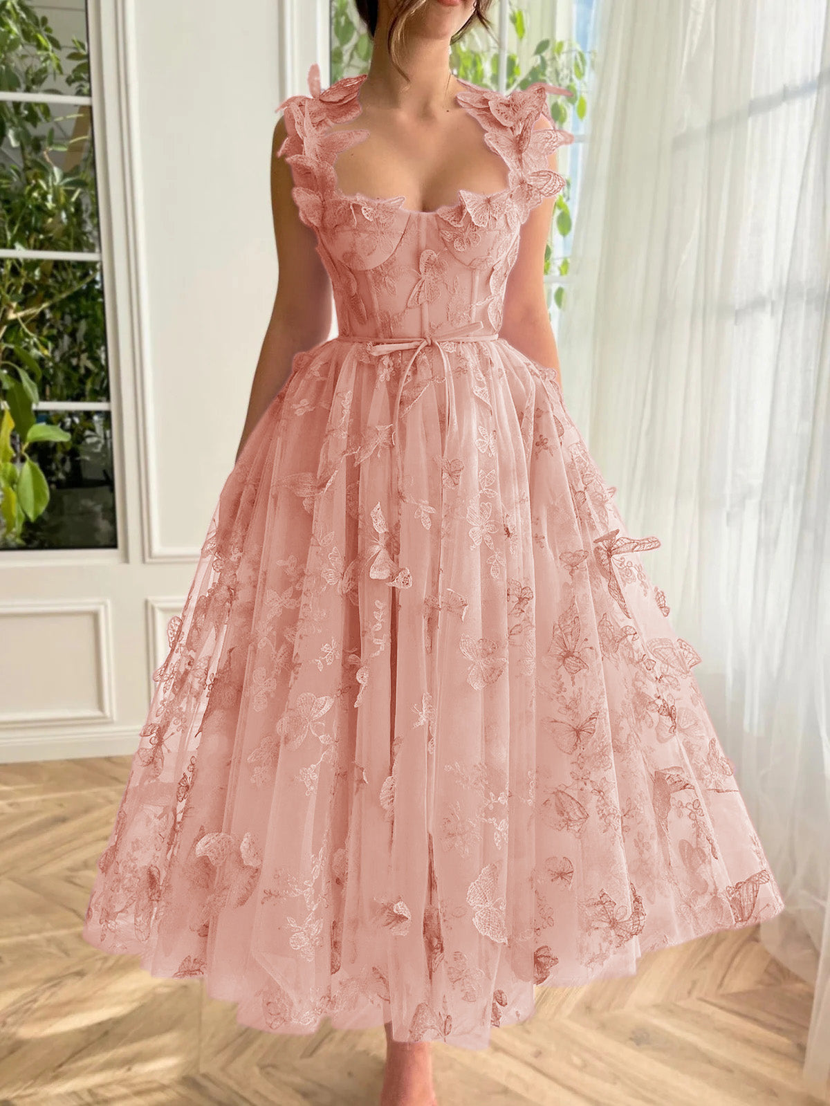 Leah | Aline Tulle Midi Prom Dress with 3D Butterflies