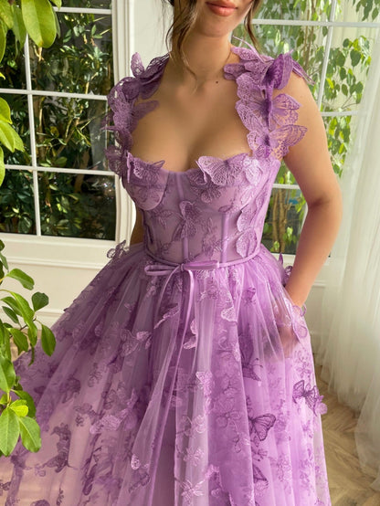 Leah | Aline Tulle Midi Prom Dress with 3D Butterflies