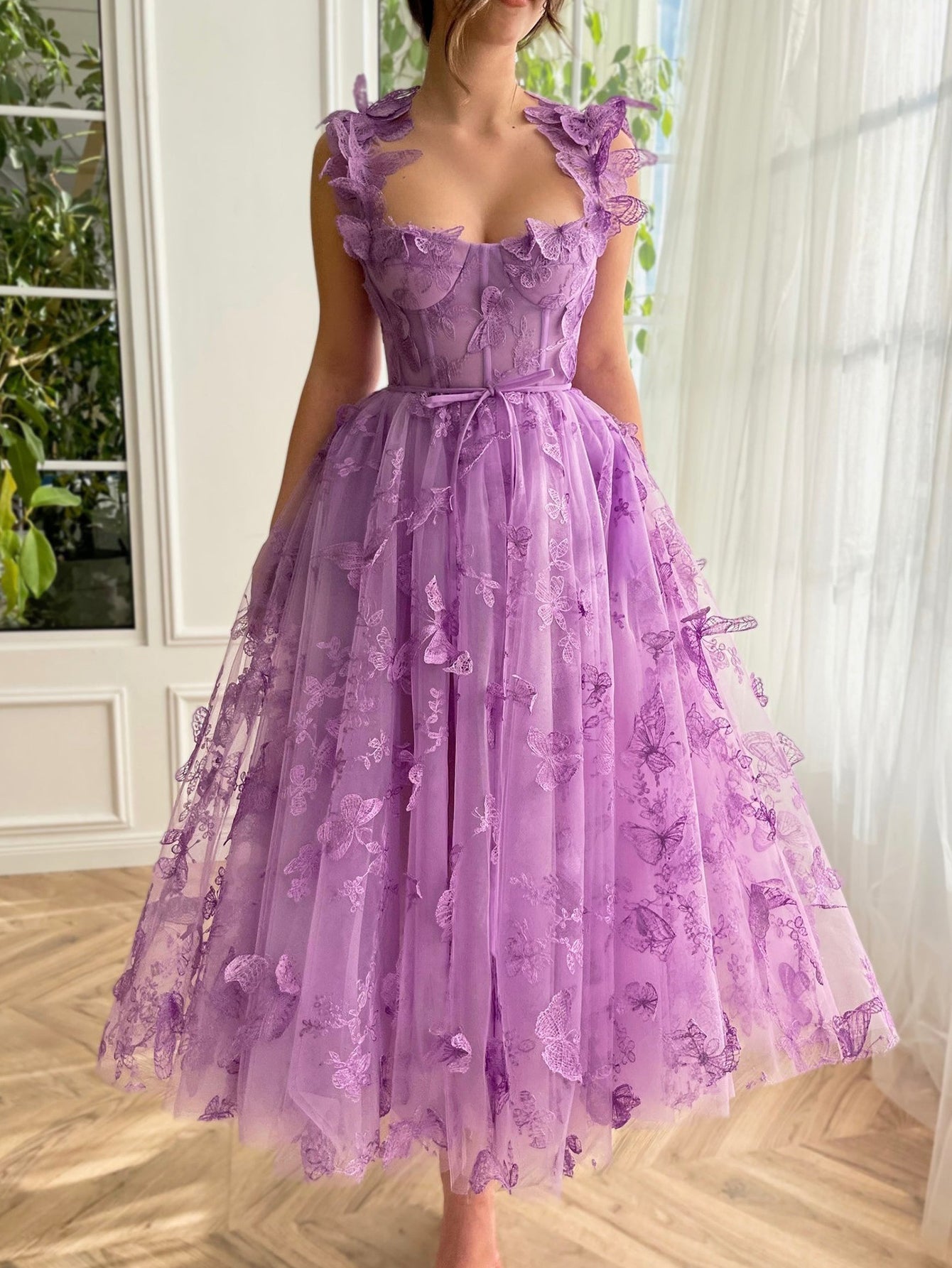 Leah | Aline Tulle Midi Prom Dress with 3D Butterflies