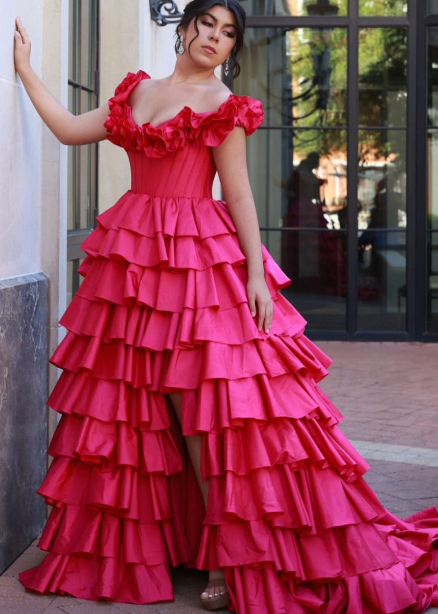 Madelynn | Off-Shoulder Ruched A-Line Layered Satin Prom Dress with Slit