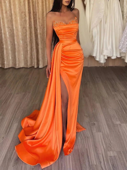 Sasha | Mermaid Evening Gown Sexy Dress Prom Court Train Sleeveless Strapless Satin with Slit Pure Color