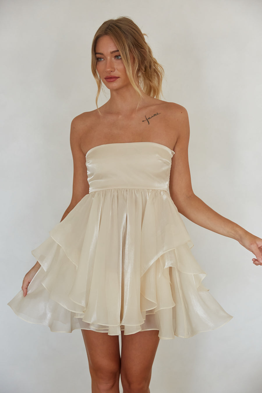 Pearl Strapless Taffetta Babydoll Mini Dress