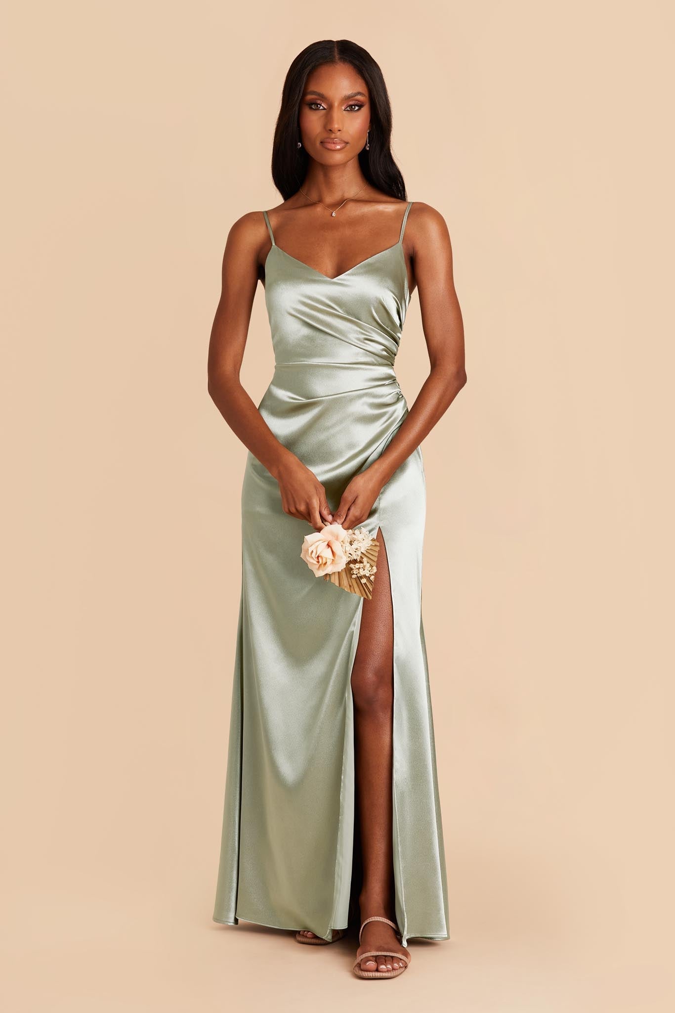 Catherine Shiny Satin Dress - Sage