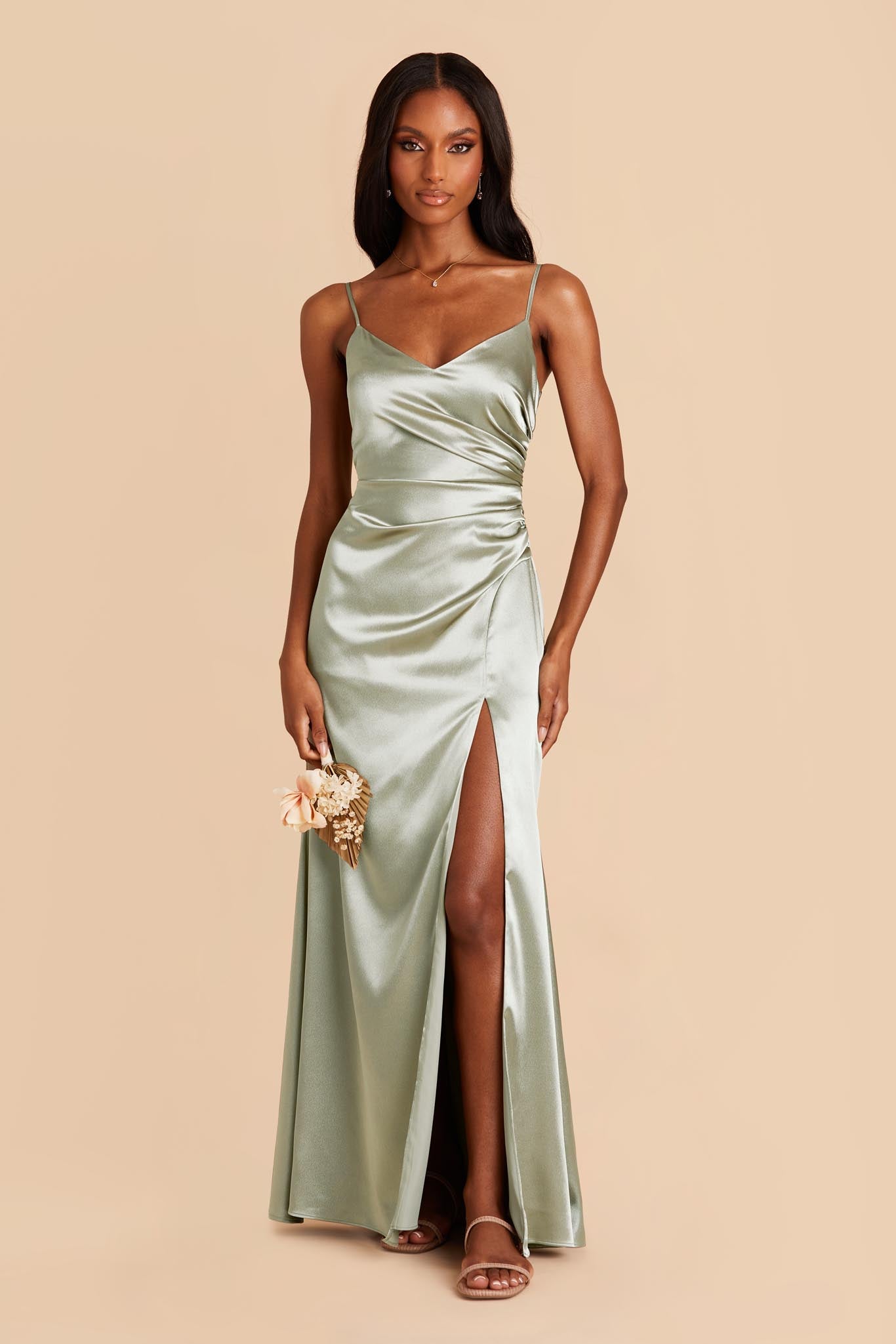 Catherine Shiny Satin Dress - Sage