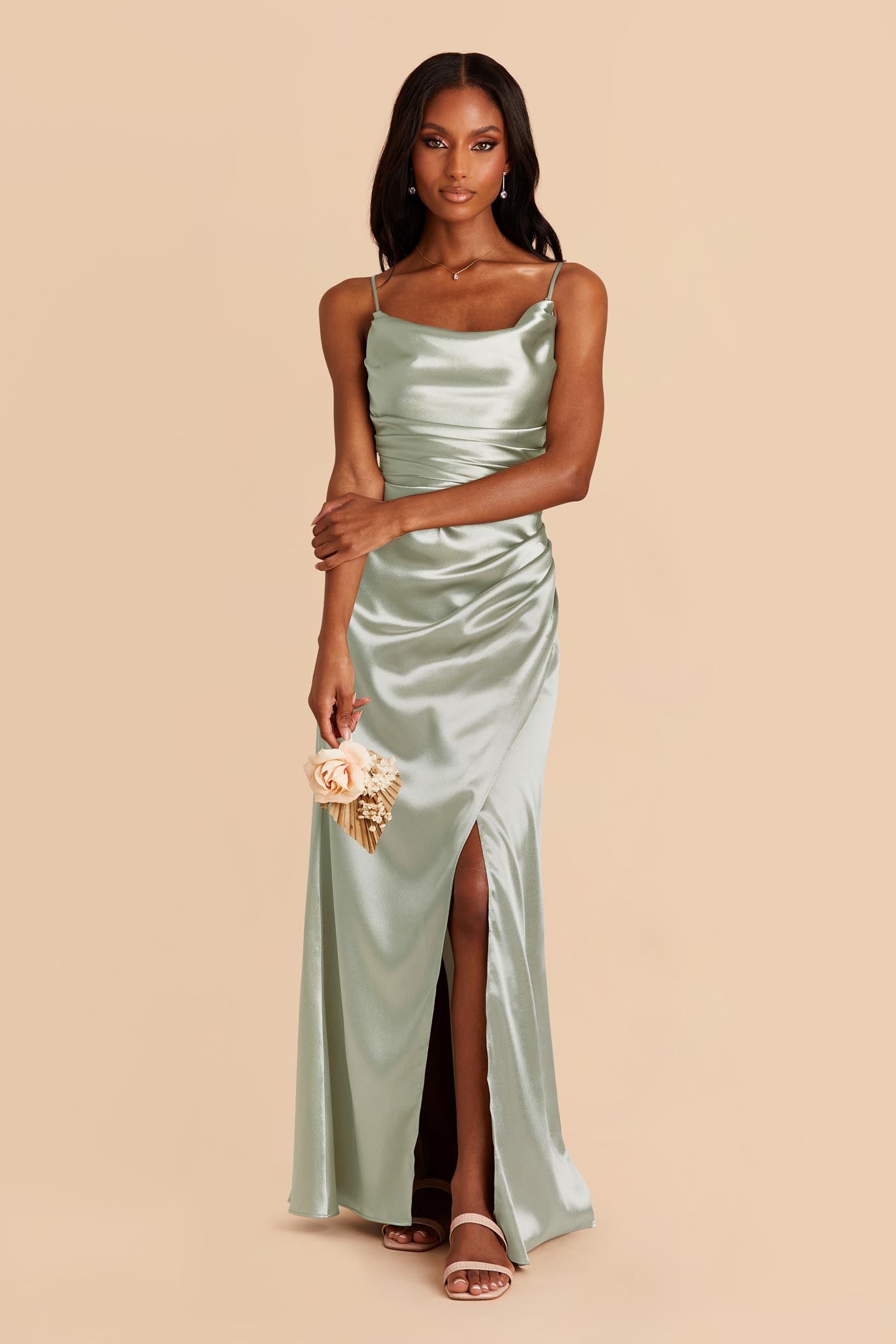 Lydia Shiny Satin Dress - Sage