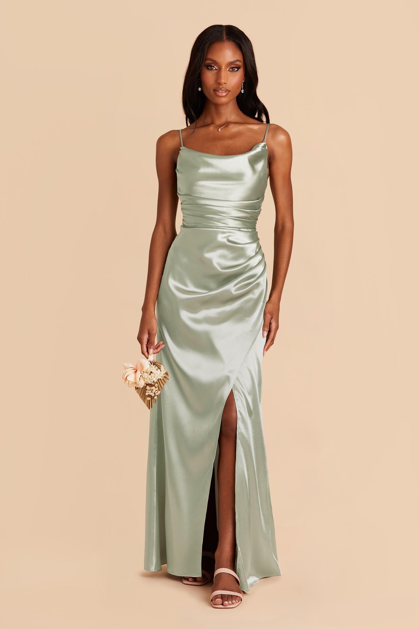 Lydia Shiny Satin Dress - Sage