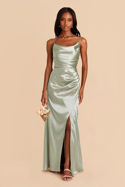Lydia Shiny Satin Dress - Sage