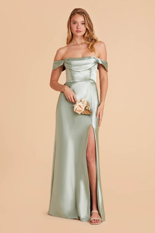 Mia Shiny Satin Convertible Dress - Sage
