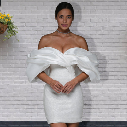 Sheath Glitter Short Off-the-Shoulder Wedding Dress With Lace-Up Back