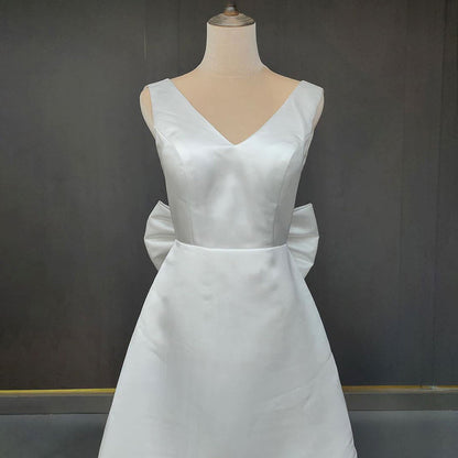 Karelia | A-Line Satin V-Neck Short Wedding Dress with Large Bow