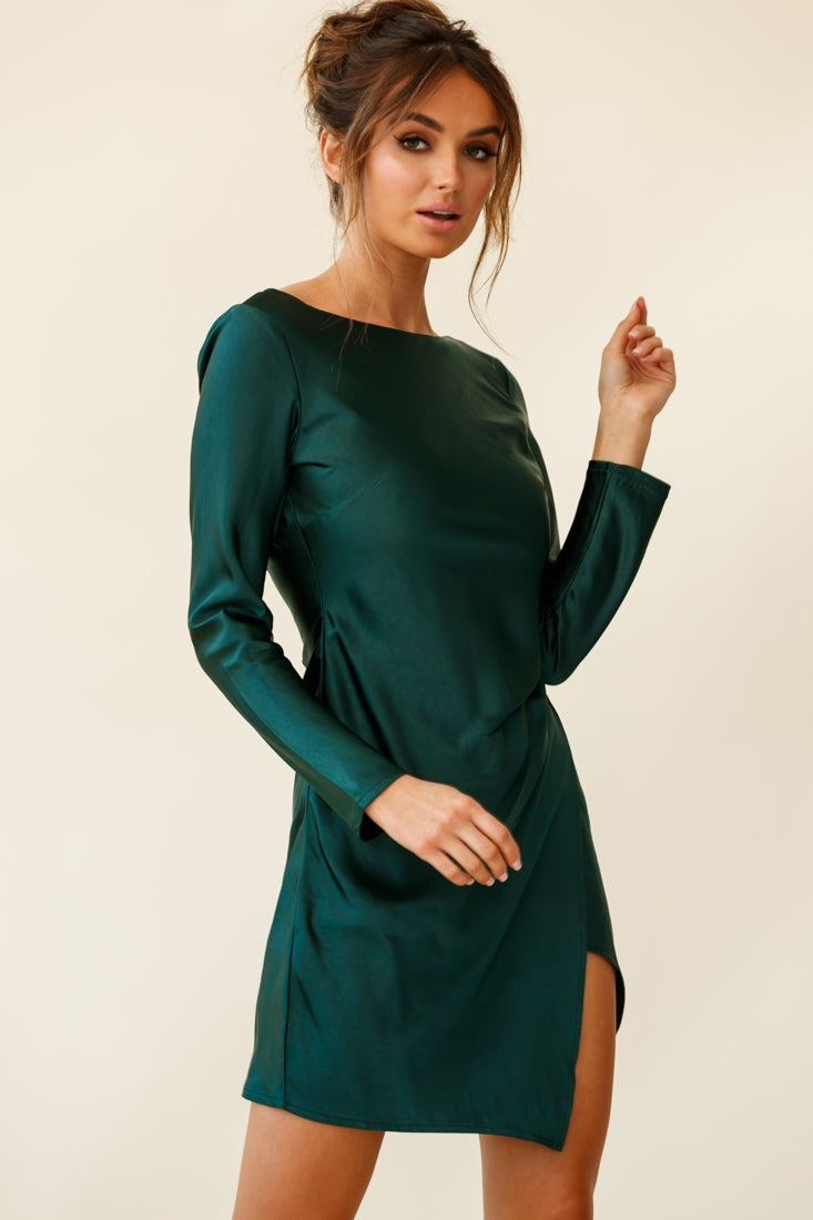 Thank Me Later Long Sleeve Open Back Dress Forest Green