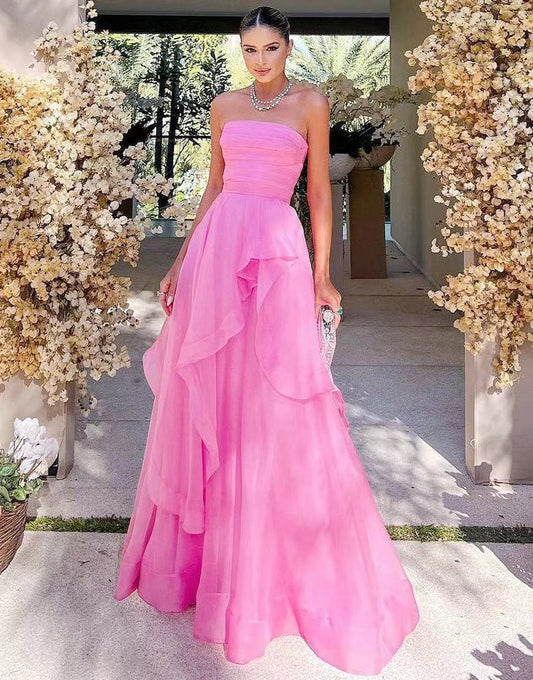 Elisa |Light Pink A Line Strapless Organza Prom Dress