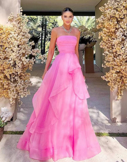 Elisa |Light Pink A Line Strapless Organza Prom Dress