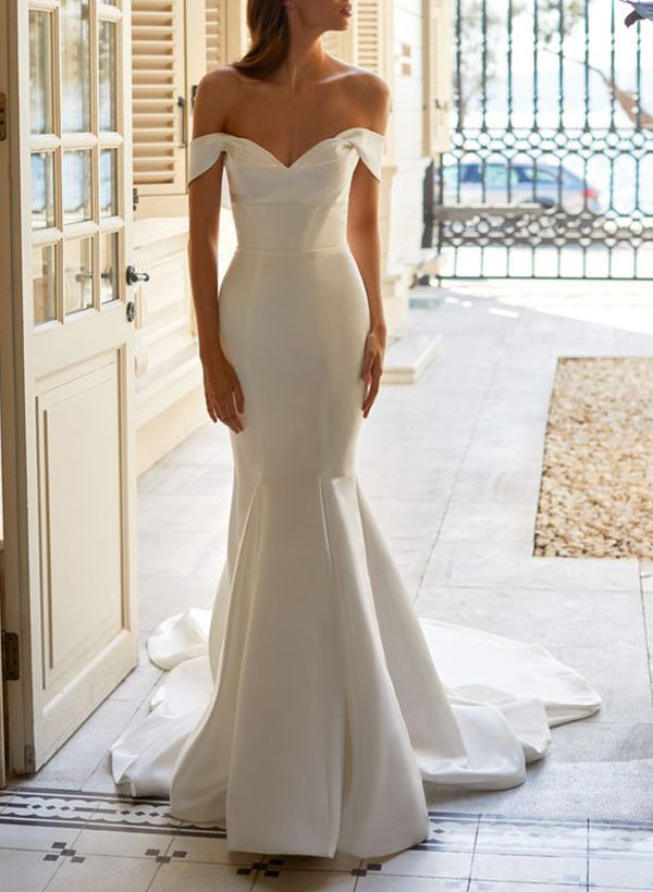 Trumpet Mermaid Off-the-Shoulder Sweep Train Satin Wedding Dress