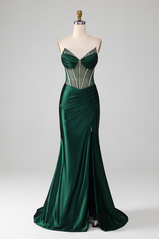 Mermaid Sweetheart Dark Green Corset Prom Dress with Split Front