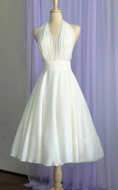 Sebella | Vintage Tea-Length Chiffon Wedding Dress With Halter Neck and Bow
