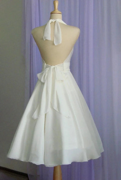 Sebella | Vintage Tea-Length Chiffon Wedding Dress With Halter Neck and Bow