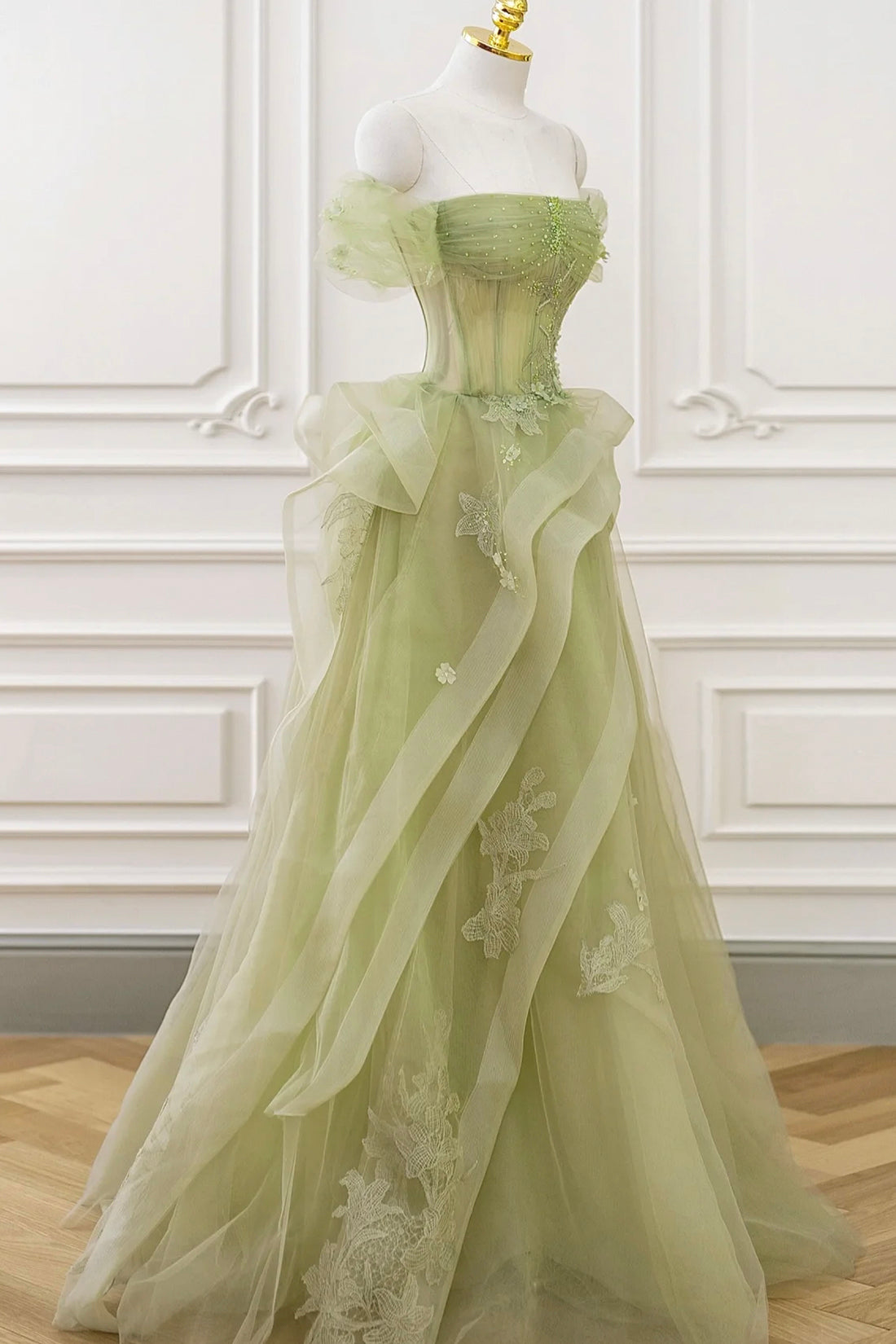 Nellie | Green Tulle Lace Long Prom Dress with Corset, Green Formal Party Dress