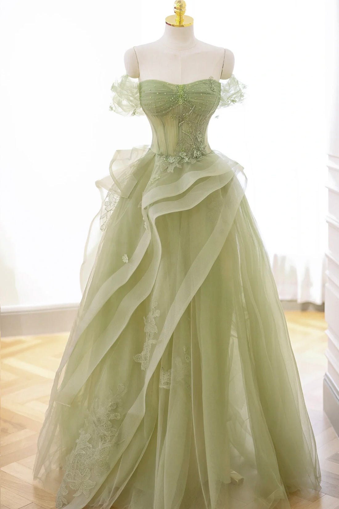 Nellie | Green Tulle Lace Long Prom Dress with Corset, Green Formal Party Dress