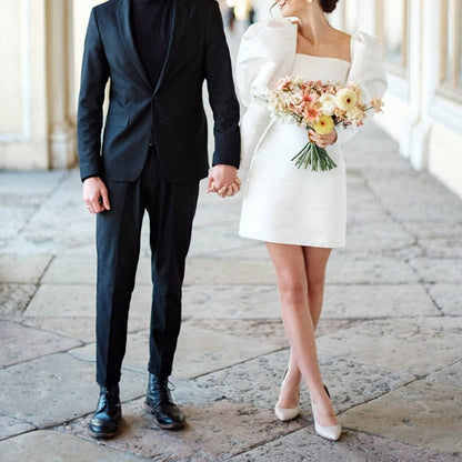 White Satin Short Wedding Dress with Puff Sleeves