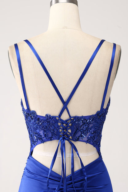 Royal Blue Mermaid Corset Beaded Long Prom Dress with Slit