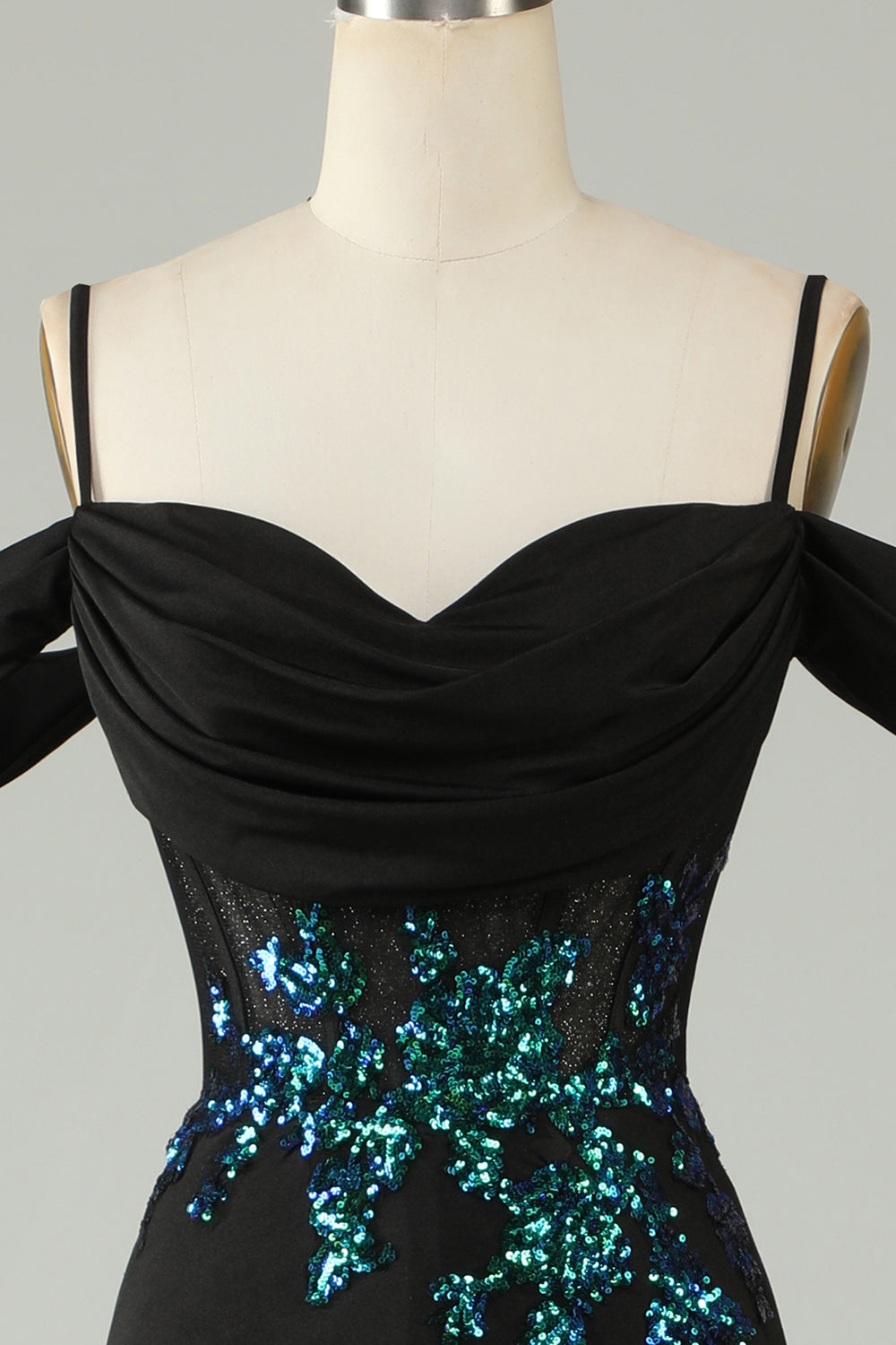 Cold Shoulder Black Sequins Corset Long Prom Dress