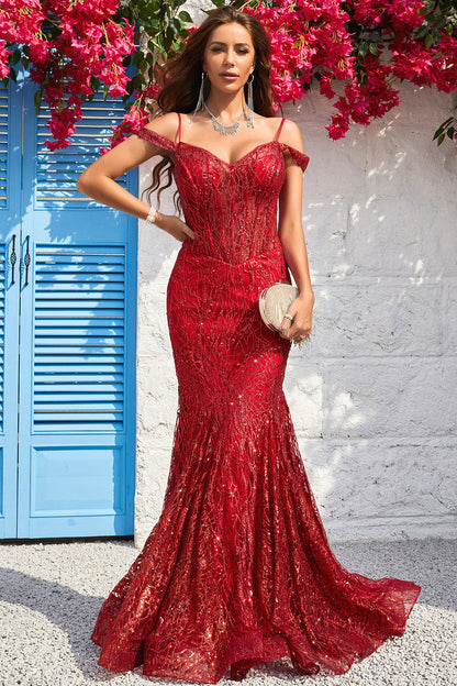 Mermaid Off the Shoulder Burgundy Corset Prom Dress with Bronzing