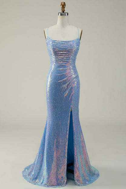 Blue Sequined Spaghetti Straps Mermaid Prom Dress