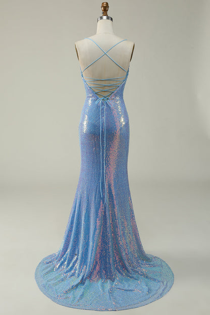 Blue Sequined Spaghetti Straps Mermaid Prom Dress