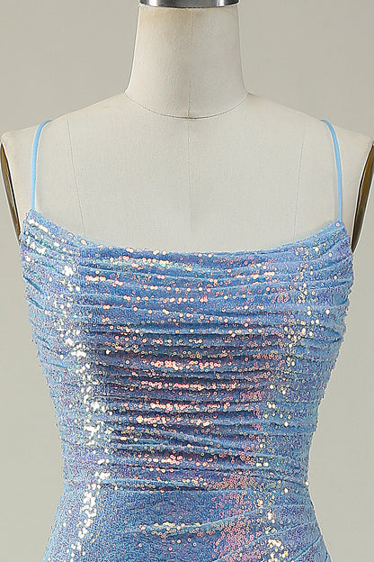 Blue Sequined Spaghetti Straps Mermaid Prom Dress