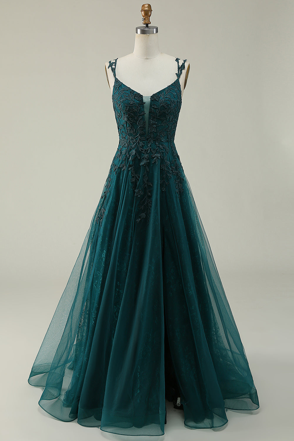 A Line Spaghetti Straps Dark Green Long Prom Dress with Appliques