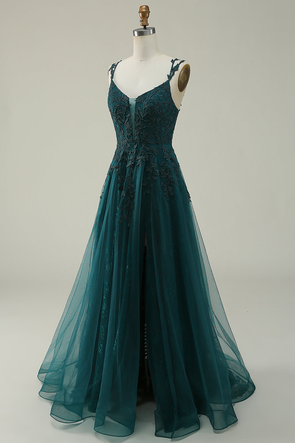 A Line Spaghetti Straps Dark Green Long Prom Dress with Appliques