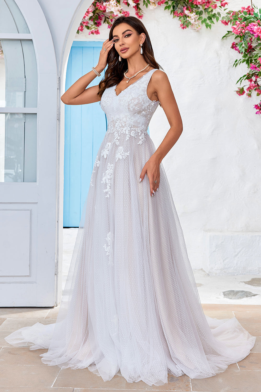 Apricot Tulle Sweep Train A Line Wedding Dress with Lace