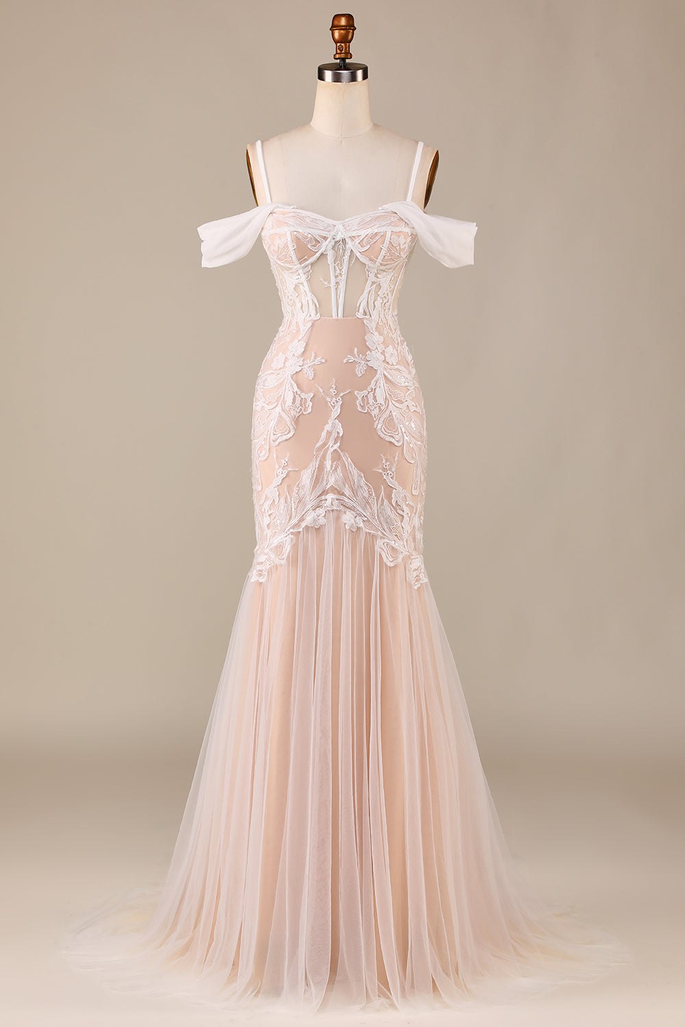 Champagne Mermaid Long Wedding Dress with Lace